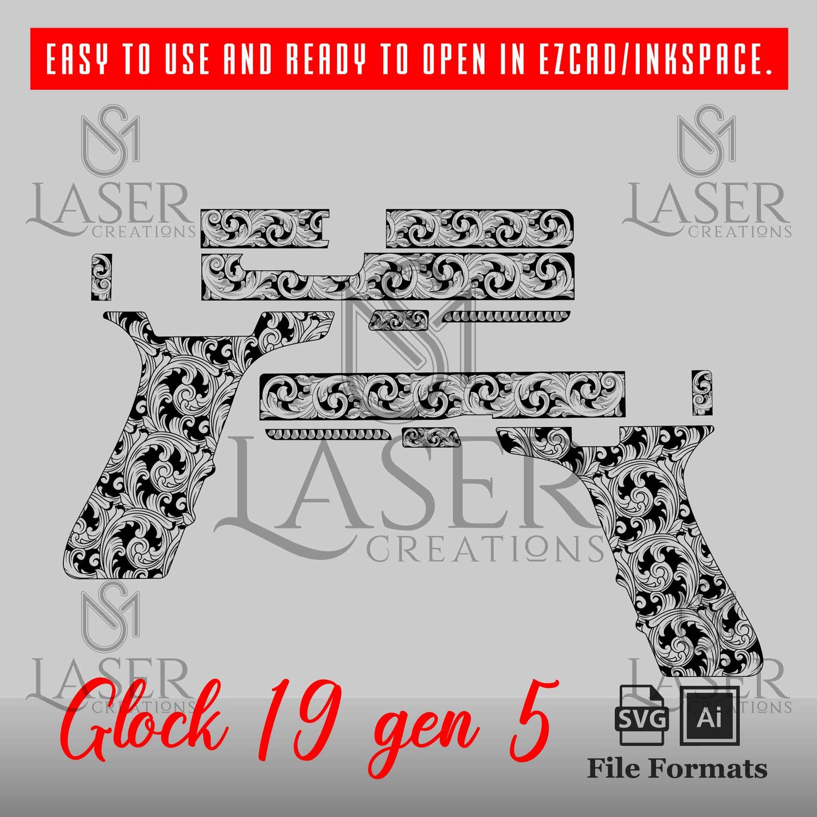 SMLaser Creations Glock 19 gen 5 Scroll vector design gun engraving ...